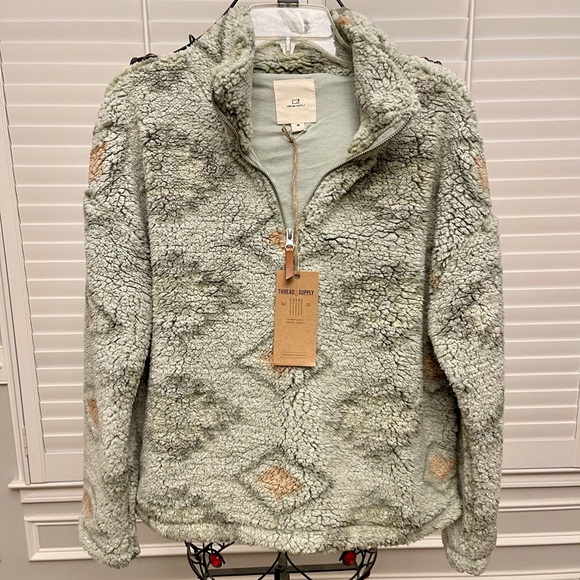 Thread & Supply Wubby Sherpa 1/4 Zip Cozy Pullover Olive Mojave Aztec NWT - Picture 2 of 8